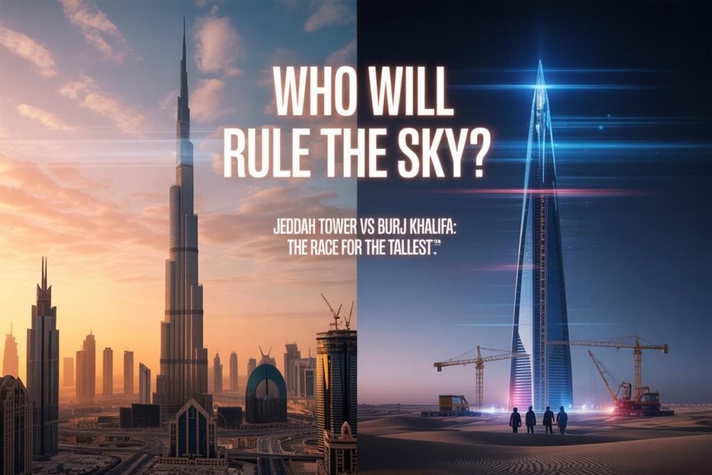 Side-by-side comparison of Jeddah Tower and Burj Khalifa skyscrapers showcasing their height and architectural design in Saudi Arabia and Dubai skylines.