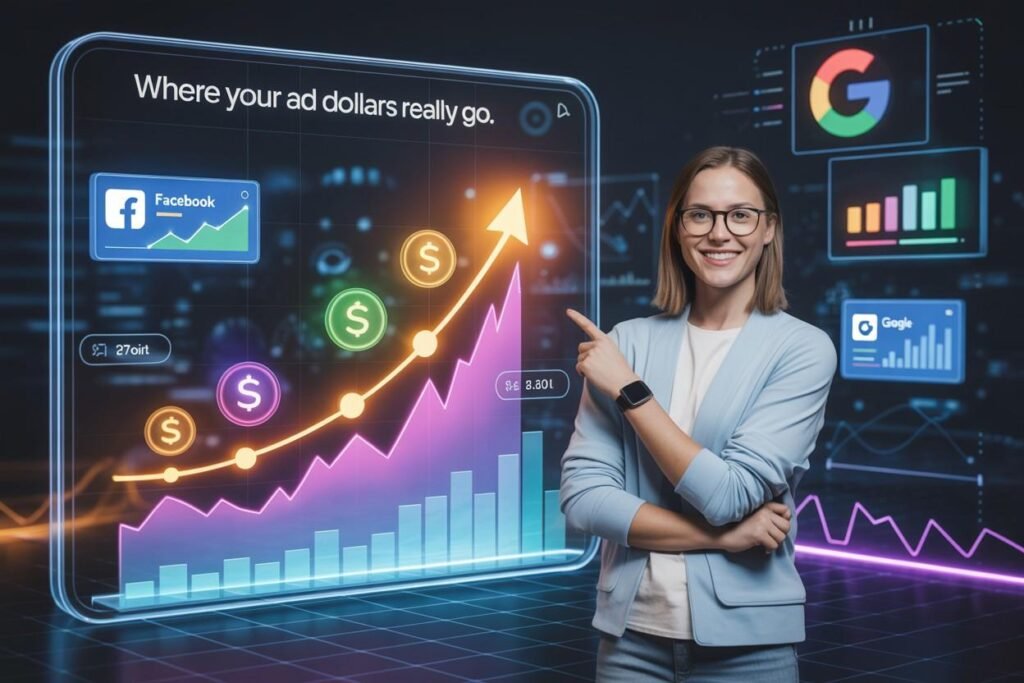 AI-powered marketing dashboard displaying real-time ad tracking metrics with a marketer analyzing ROI data using Hyros software.
