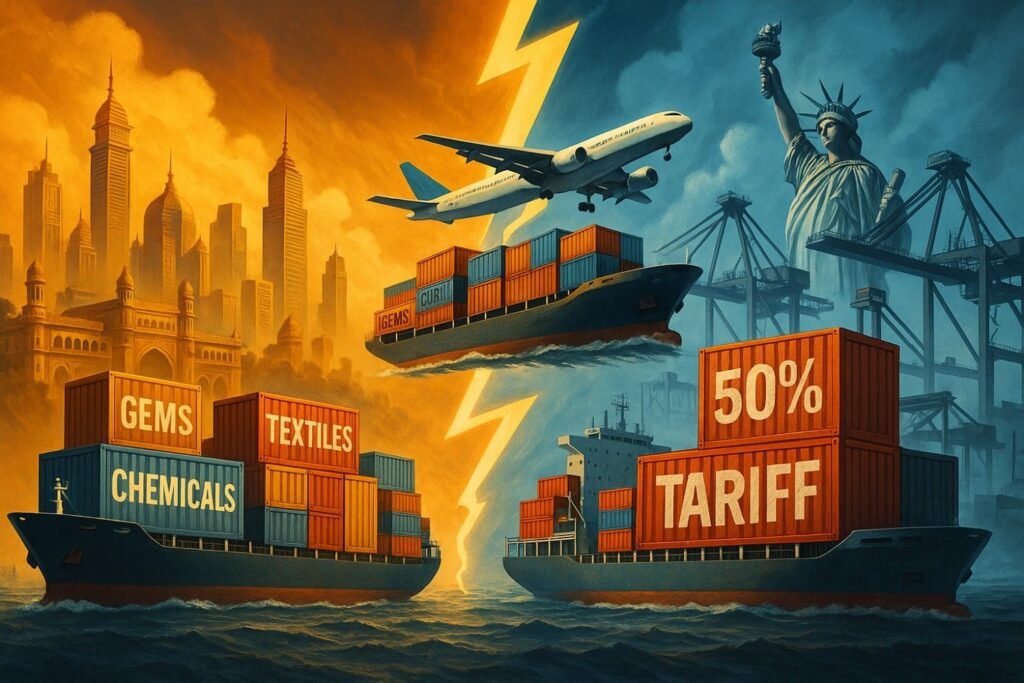 Illustration of India and US trade tension with cargo ships, shipping containers marked 50% tariff, and a symbolic lightning bolt representing tariff shock.