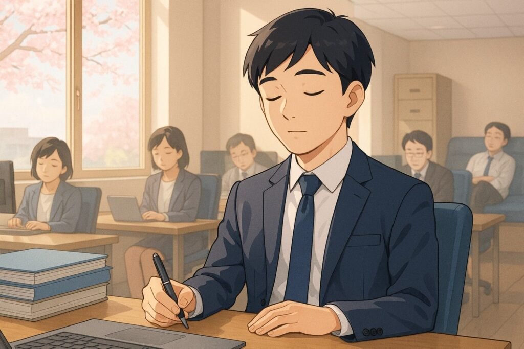 Japanese office worker practicing Inemuri—napping upright at their desk with pen in hand—surrounded by colleagues in a peaceful, cherry blossom-lit office, showing workplace naps as a sign of dedication in Japan.