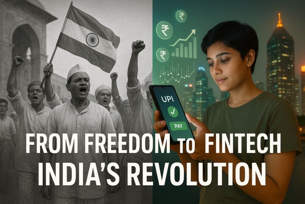 Illustration showing India’s transformation from khadi-led freedom struggle to modern fintech era, blending rural spinning wheel scene with digital payments and UPI technology.