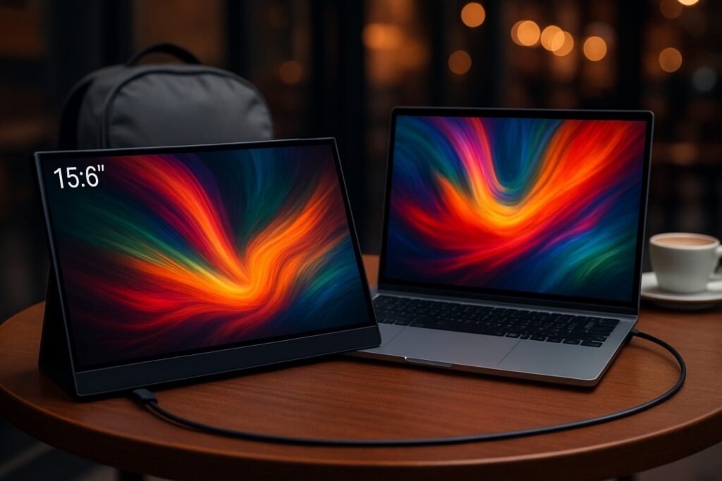 MNN 15.6-inch portable monitor connected to a laptop on a café table, showing vibrant full HD display, with coffee cup and travel backpack in the background.