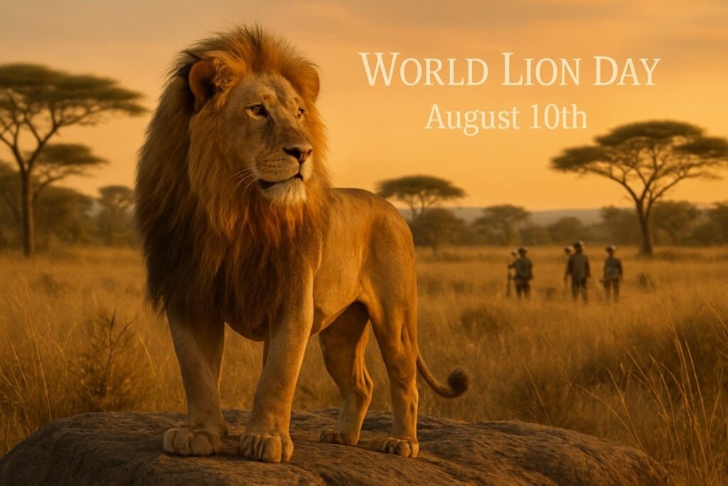 Male African lion roaring on the savannah during golden sunset, symbolizing World Lion Day 2025.