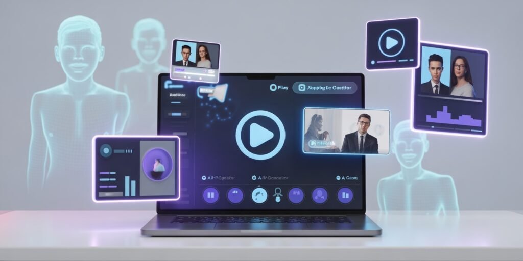 AI-video generator concept showing futuristic laptop with avatars, play icons, and motion graphics for brand content strategy.