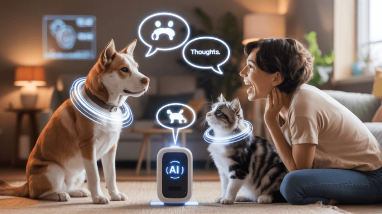 Human using AI to communicate with dog and cat through futuristic translation holograms in a smart home environment.