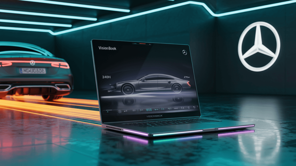 Mercedes VisionBook gaming laptop with RGB lighting and futuristic automotive-inspired design in neon-lit garage