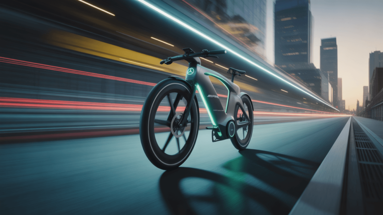 Mercedes F1 E-Bike speeding through a futuristic city blending Formula 1 performance with urban mobility.