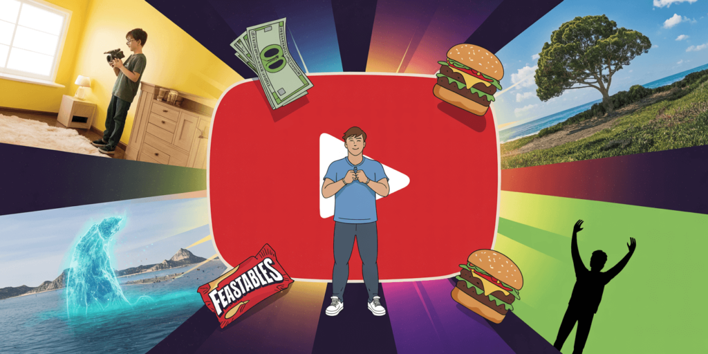 MrBeast transformation from a young creator filming in a bedroom to a global YouTube icon surrounded by success, charity, and innovation.