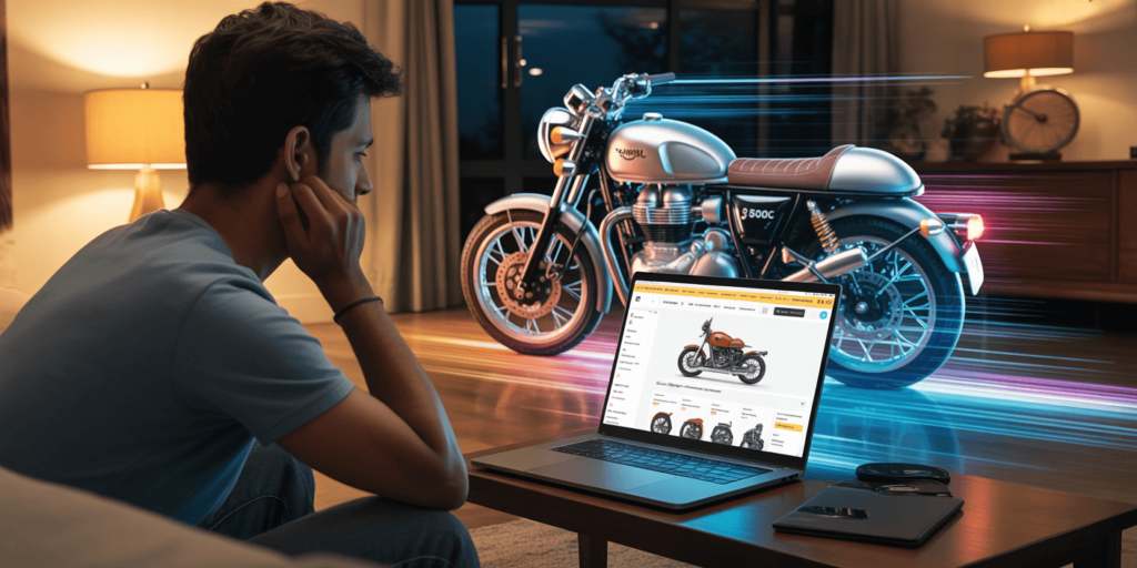 Man buying Royal Enfield 350cc motorcycle on Amazon India online from home