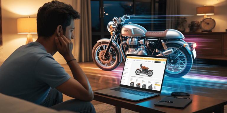 Man buying Royal Enfield 350cc motorcycle on Amazon India online from home