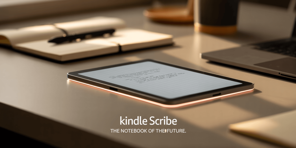 Amazon Kindle Scribe e-ink tablet replacing paper notebook with AI-powered note-taking on a modern desk.