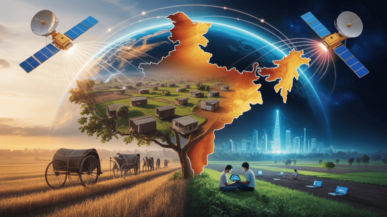 Illustration showing Maharashtra’s digital transformation with Starlink satellites connecting rural villages to high-speed internet.