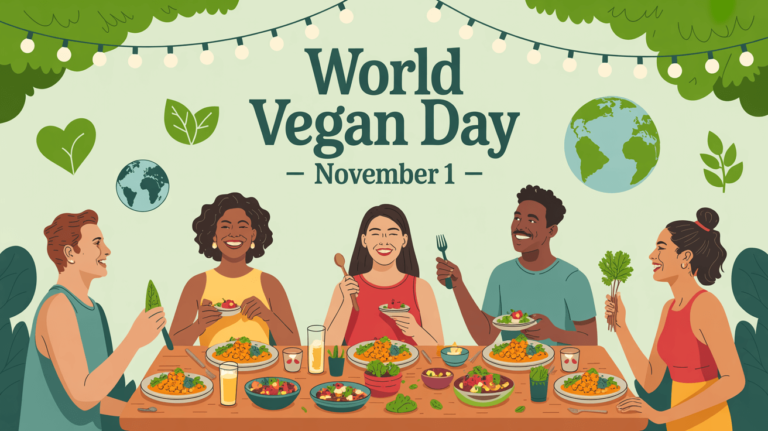 People from around the world celebrating World Vegan Day with colorful plant-based dishes and eco-friendly vibes under string lights.