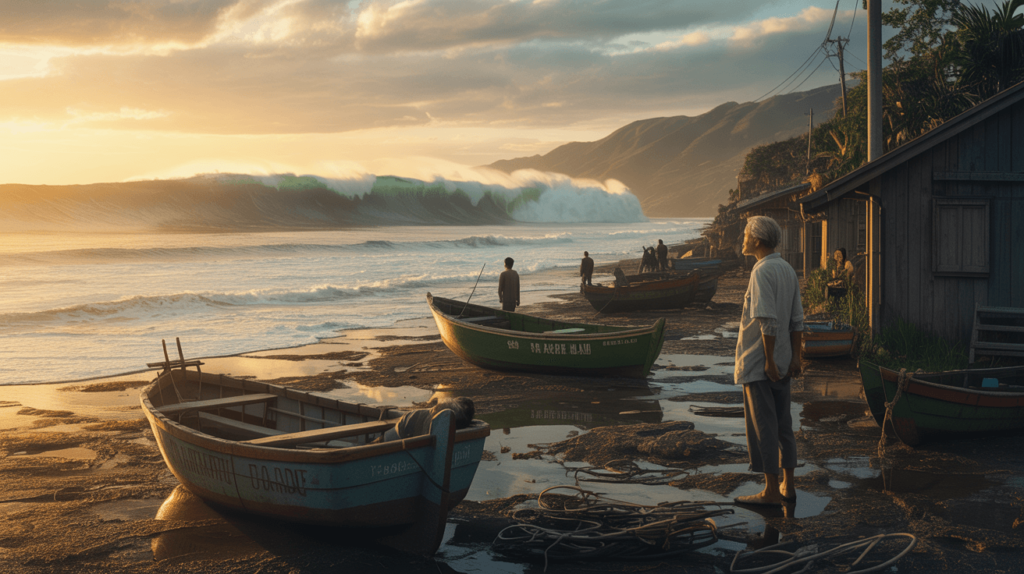 Dramatic sea receding before a tsunami wave at sunset – symbolizing World Tsunami Awareness Day and the power of early warning.