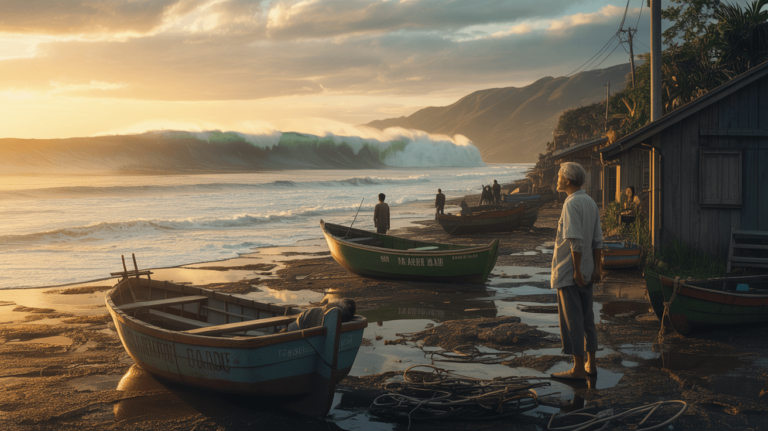 Dramatic sea receding before a tsunami wave at sunset – symbolizing World Tsunami Awareness Day and the power of early warning.