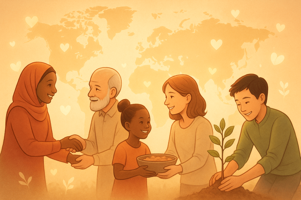 People from diverse cultures sharing small acts of kindness with warm lighting, symbolizing World Kindness Day 2025 and global compassion.