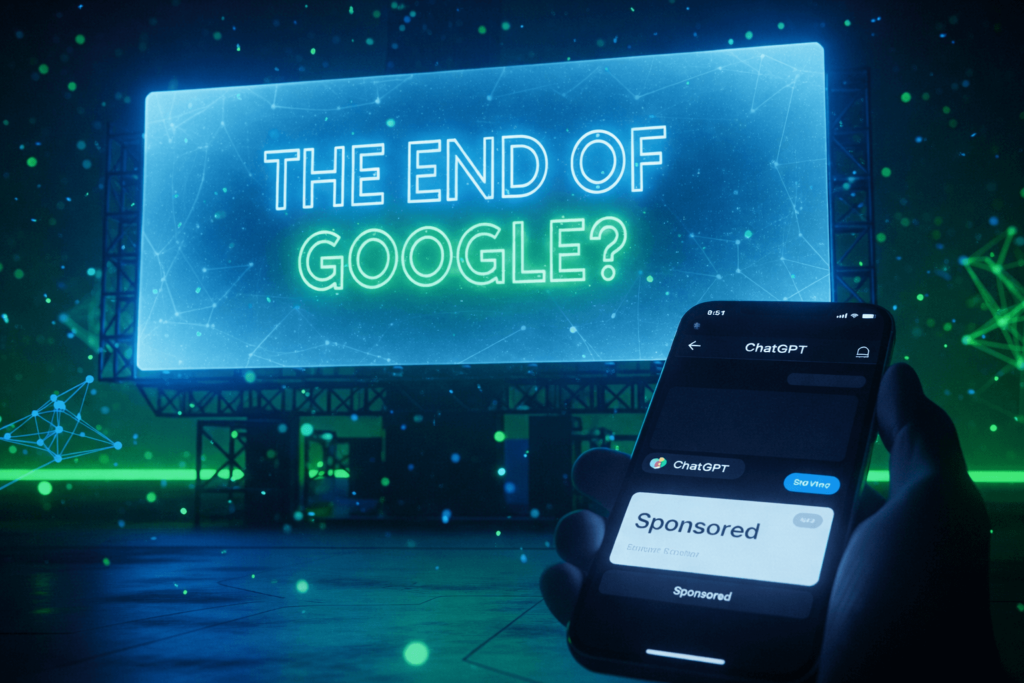 ChatGPT Ads concept showing sponsored results inside ChatGPT and a billboard questioning the future of Google search