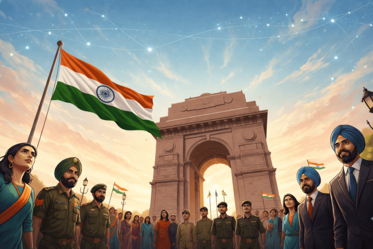 Indian citizens celebrating Republic Day 2026 at India Gate with the national flag symbolizing democracy, unity, and India’s future