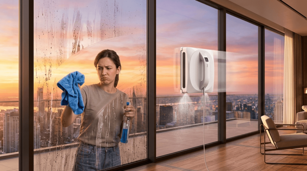 robotic window cleaner cleaning glass effortlessly with streak-free results in modern apartment