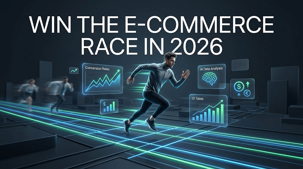 Entrepreneurs running in a competitive e-commerce race with digital marketing and AI elements