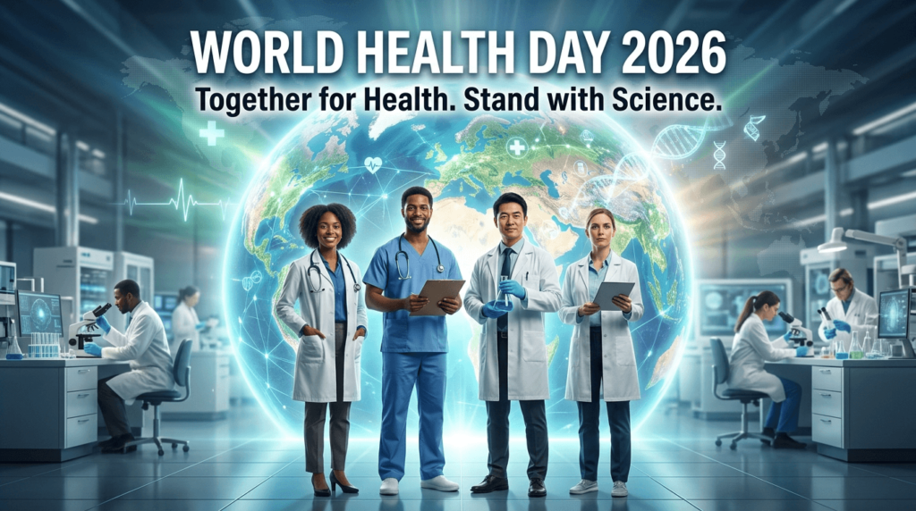 World Health Day 2026 banner showing healthcare professionals and a global health theme highlighting science, collaboration, and innovation in modern healthcare.