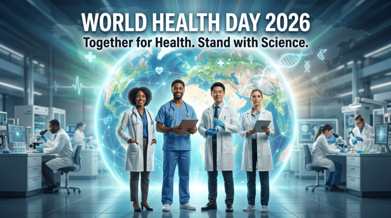 World Health Day 2026 banner showing healthcare professionals and a global health theme highlighting science, collaboration, and innovation in modern healthcare.