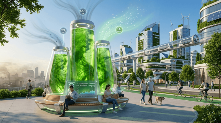 Modern algae tree system absorbing carbon dioxide and producing oxygen in an urban smart city environment