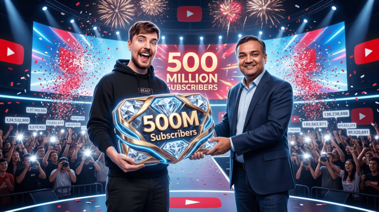 MrBeast holding a custom 500 million subscriber Play Button gifted by YouTube CEO Neal Mohan