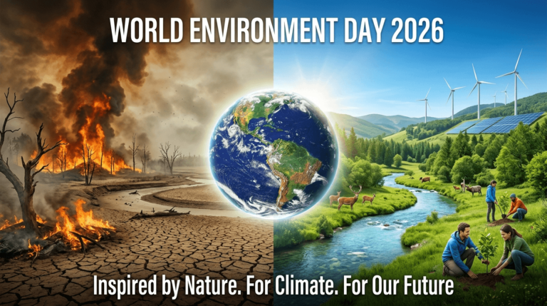 World Environment Day 2026 theme showing Earth surrounded by forests, renewable energy, wildlife, and people planting trees for climate action.