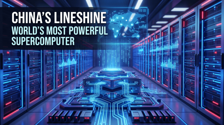 China's LineShine supercomputer inside a futuristic data center with advanced AI processors and high-performance computing servers.