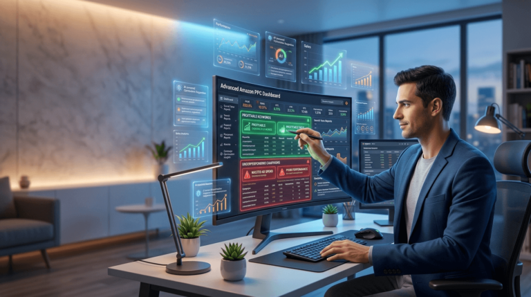 Amazon PPC reports dashboard showing advertising metrics including ACoS, ROAS, clicks, conversions, impressions, and campaign optimization insights.