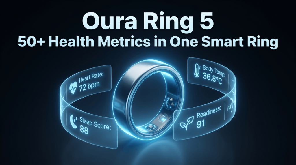 Oura Ring 5 smart ring displaying sleep tracking, heart rate, and health metrics with AI-powered wellness insights.