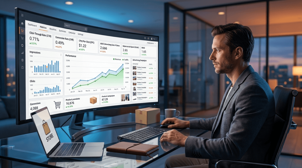 Amazon PPC dashboard showing CTR, CVR, ACoS, CPC, clicks, conversions, and campaign performance benchmarks for 2026.