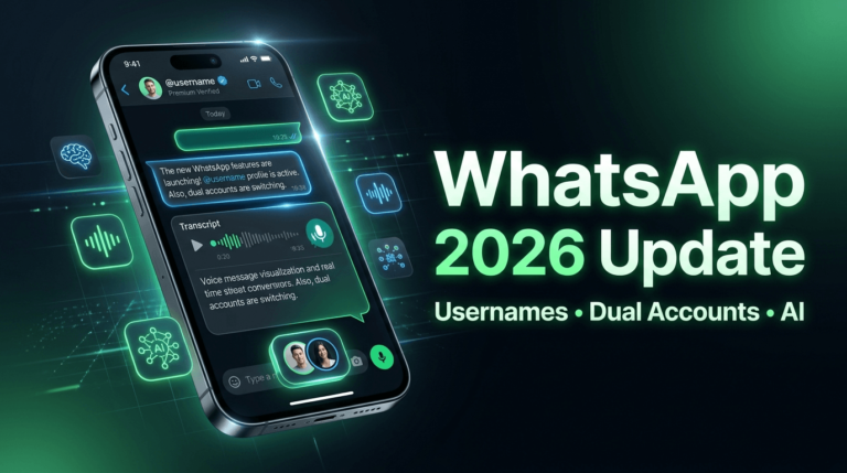 Smartphone displaying the WhatsApp 2026 update featuring AI chat, usernames, and dual account support.