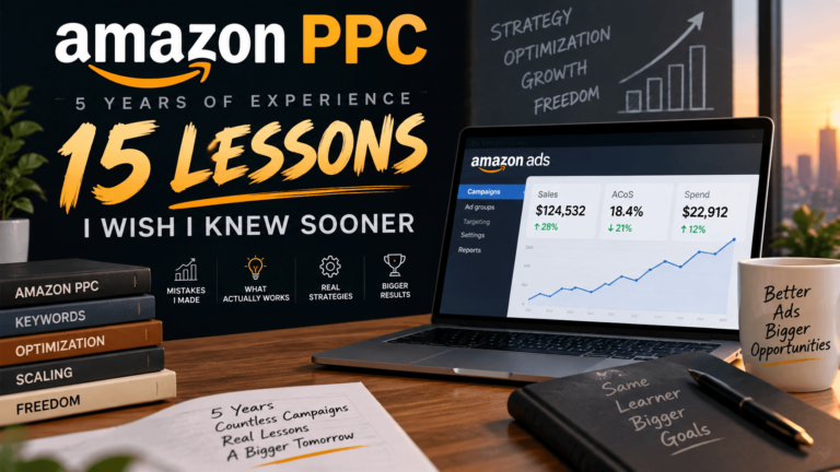 Laptop showing Amazon Seller Central metrics alongside gold growth icons for Amazon PPC lessons blog post