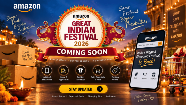 Amazon Great Indian Festival 2026 sale banner with shopping box graphics and price drop indicators