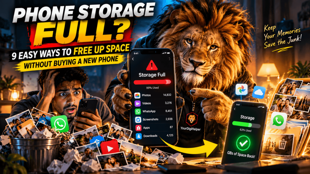 Smartphone screen displaying storage almost full warning with options to free up space