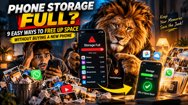 Smartphone screen displaying storage almost full warning with options to free up space