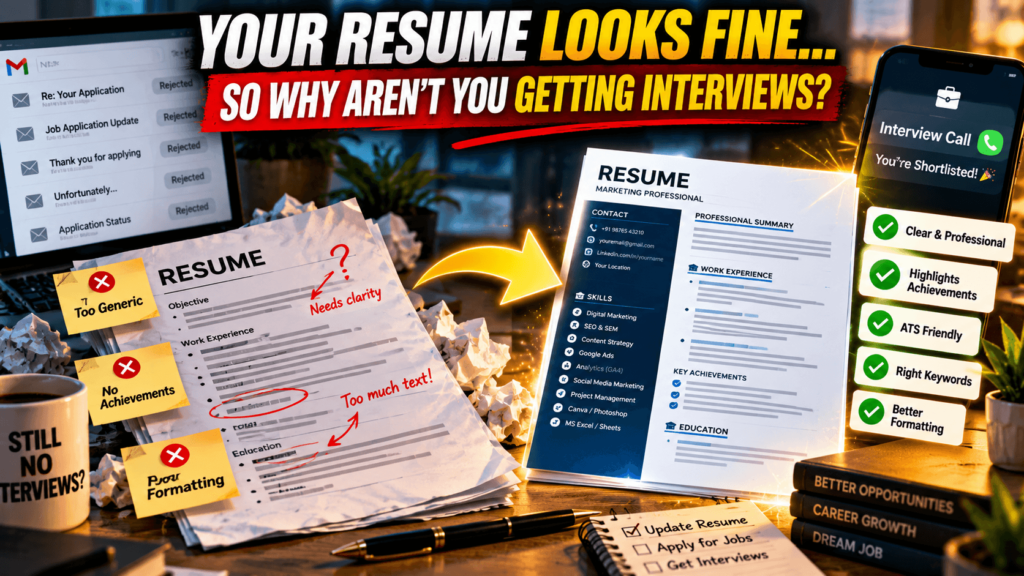 Resume checklist showing 11 mistakes to fix when not getting job interviews.